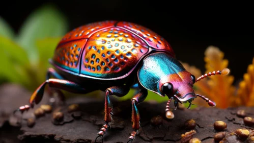 Rainbow-Colored Beetle Close-Up on Branch