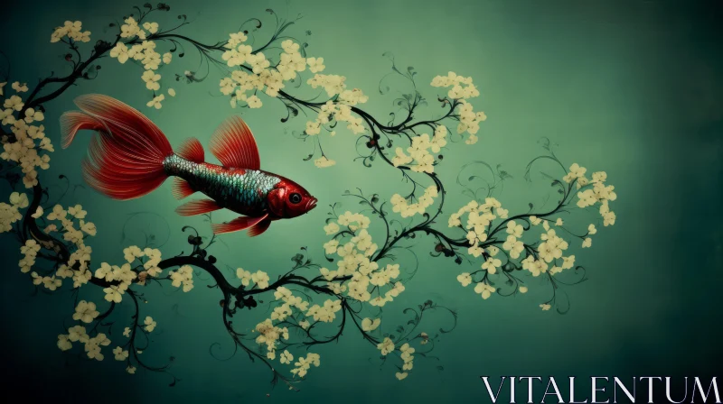 Red and White Goldfish Swimming in Pond Painting AI Image