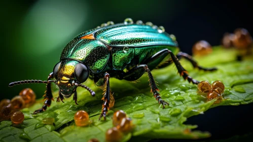 Shiny Green Beetle on Leaf - Macro Insect Photography