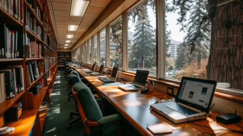 Tranquil Library Reading Room with Wooden Tables and Bookshelves