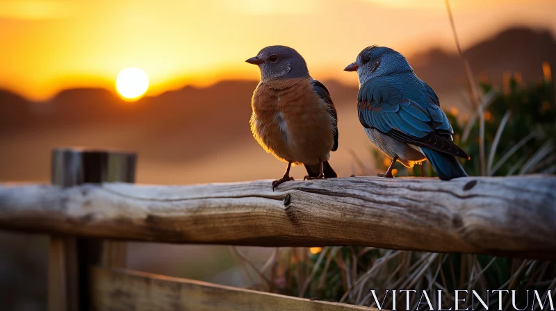 AI ART Tranquil Sunset with Birds on Wooden Fence