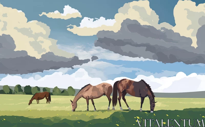 Two Horses Grazing in a Field - Atmospheric Illustration AI Image