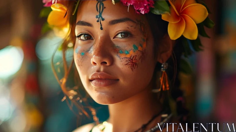 Young Woman with Tropical Flowers and Face Paint AI Image