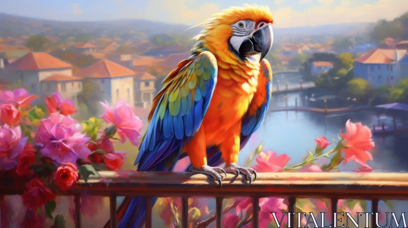 Beautiful Parrot Painting with Cityscape and Flowers AI Image