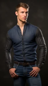 Confident Male Model in Blue Denim Shirt and Jeans