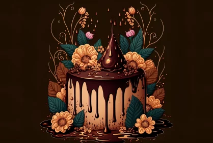 Dark Chocolate Cake with Flowers - Drip Painting Style