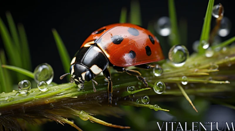 Detailed Close-up of Red Ladybug on Green Leaf with Water Droplets AI Image