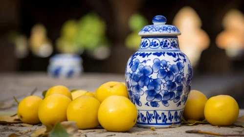Elegant Blue and White Porcelain Jar with Floral Design and Lemons