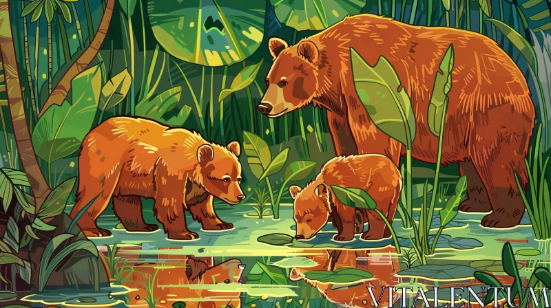 Family of Bears in Lush Green Forest AI Image