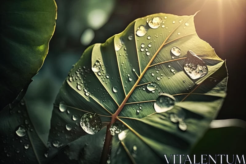 Glistening Water Droplets on Leaf in Sunlight - Realism with Surrealistic Elements AI Image