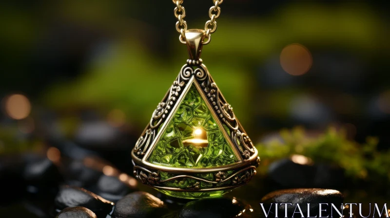 Gold and Green Crystal Pendant 3D Rendering AI Image