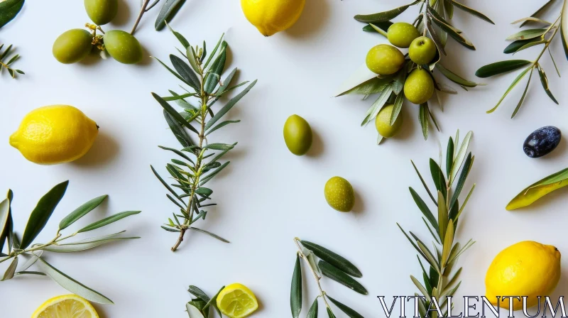 Green and Yellow Lemons with Olives Flat Lay AI Image