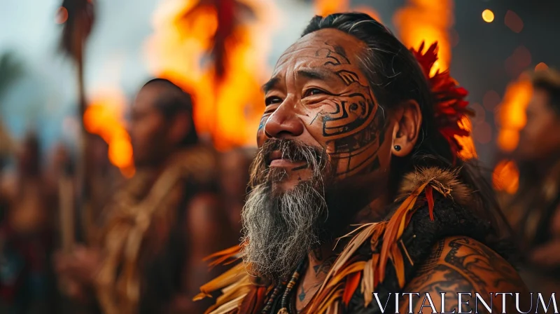 Maori Man Portrait with Traditional Tattoos and Headdress AI Image