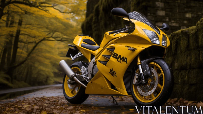 Mystical Yellow Motorcycle Parked by a Tree | Dark Symbolism AI Image