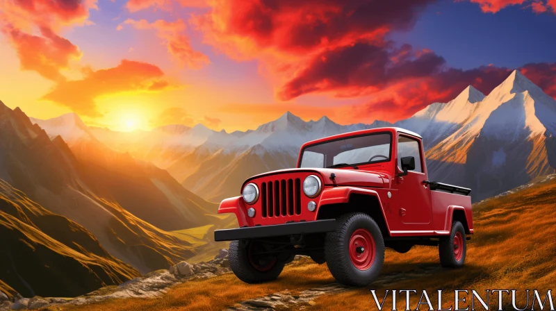 Red Jeep in Surreal 3D Landscape | Hyperrealistic Illustration AI Image