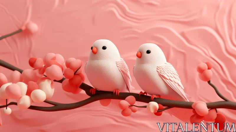 AI ART Romantic 3D Rendering of White Birds on Branch with Flowers