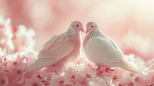 Romantic Doves on Cherry Blossom Branch - Nature's Serenity