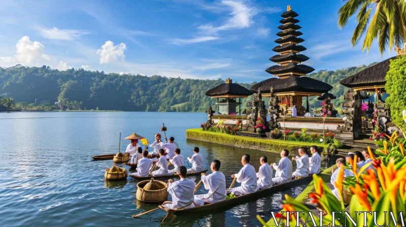 Serene Balinese Men Paddling Boats in a Lake - Traditional Scene AI Image