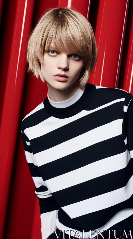 Serious Blonde Woman in Striped Turtleneck Against Red Background AI Image