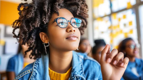 Thoughtful African American Schoolgirl in Class | Hand Raised