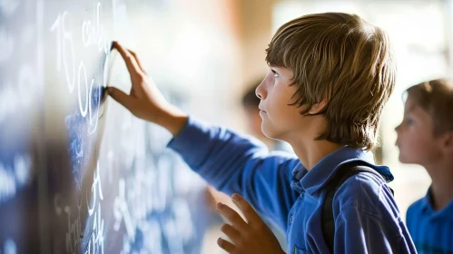Thoughtful Schoolboy Solving Math Problem on Blackboard - Captivating Educational Image