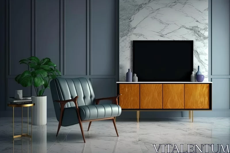 Ultra Modern TV Console with Marble Wall in Midcentury Modern Living Room AI Image