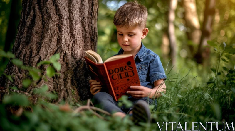 A Serene Encounter: Young Boy Engrossed in Reading in the Woods AI Image