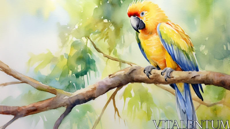 Enchanting Watercolor Painting of Parrot on Branch AI Image