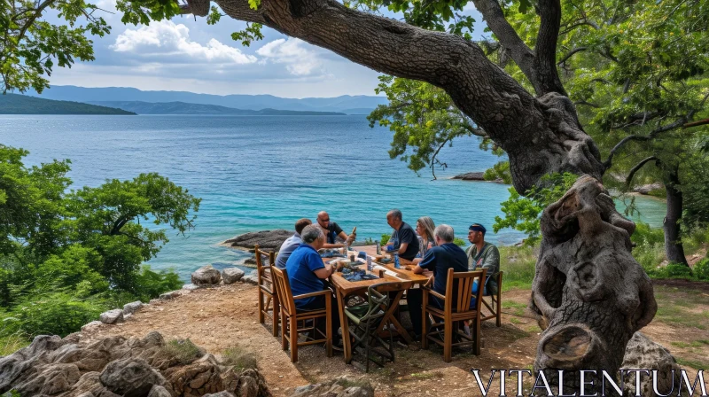 Gathering of People around Wooden Table on Cliff Overlooking the Sea AI Image