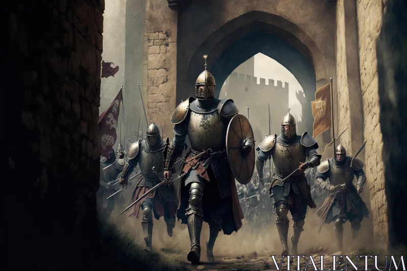 Knights in Armor Walking Through an Archway - A Captivating Historical Scene AI Image