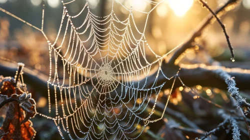 Morning Dew Spider Web in Sunlight
