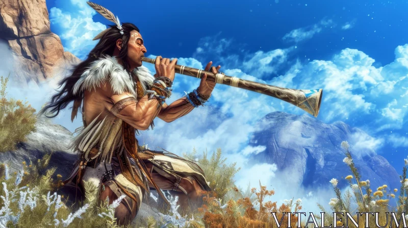 Native American Man Playing Flute in a Serene Field AI Image