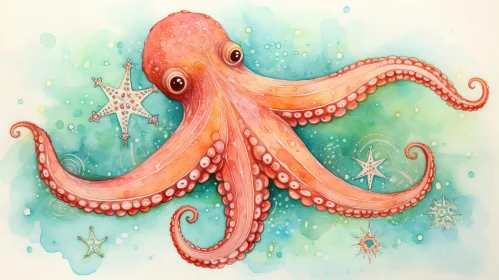 Pink Octopus Watercolor Painting - Serene Sea Life Artwork