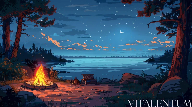 Tranquil Lake Night Landscape with Stars and Bonfire AI Image