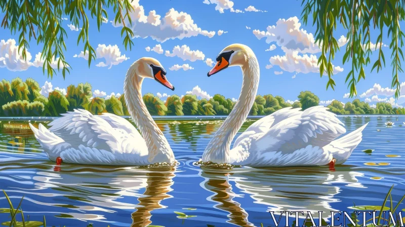 Tranquil Swans Painting in Nature AI Image