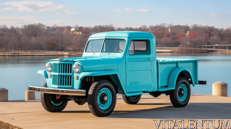 Vintage Jeep Parked on Concrete Front Porch in Light Turquoise AI Image