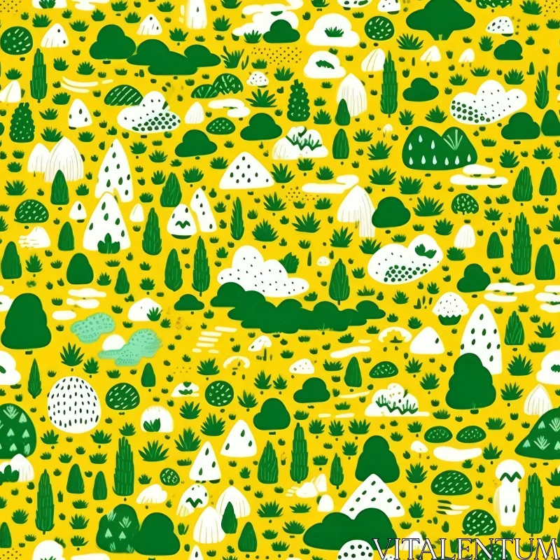 Whimsical Green and White Plant Pattern on Yellow Background AI Image