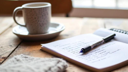 Wooden Table Still Life: Cup of Coffee, Notebook, and Pen