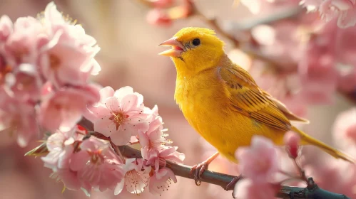 Yellow Bird Singing on Tree Branch with Pink Flowers