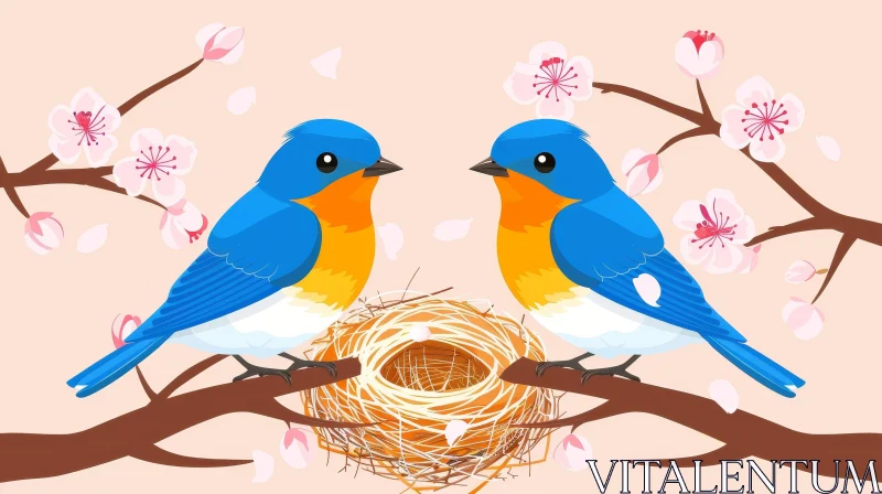 Bluebirds on Branch with Cherry Blossoms - Cartoon Style AI Image
