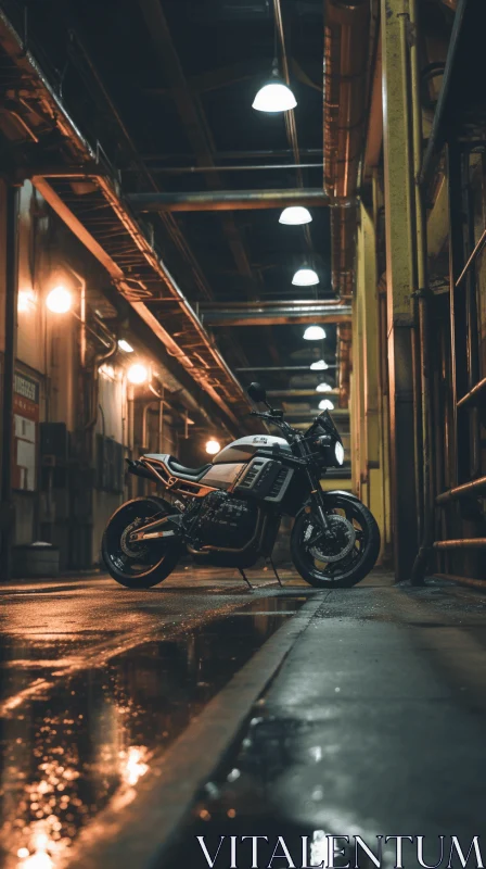 Captivating Image of a Motorcycle Parked in a Dark Warehouse AI Image