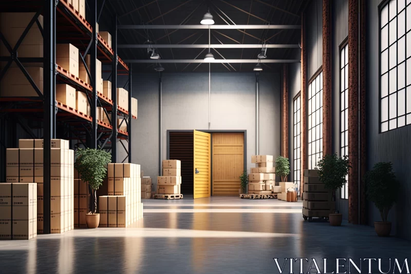 Captivating Warehouse with Skillful Lighting and Neatly Arranged Boxes AI Image