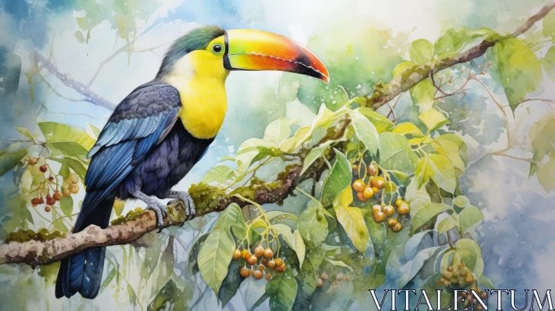 AI ART Colorful Toucan Watercolor Painting on Branch