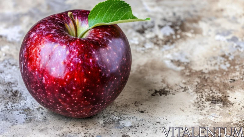 Crisp Red Apple with Green Leaf on Stone Surface AI Image