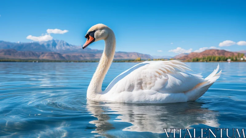 Graceful Swan Swimming in Crystal Clear Lake with Mountain Background AI Image