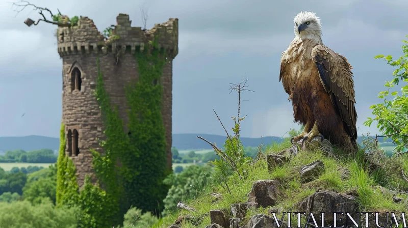 Majestic Bird of Prey at Ruined Castle AI Image
