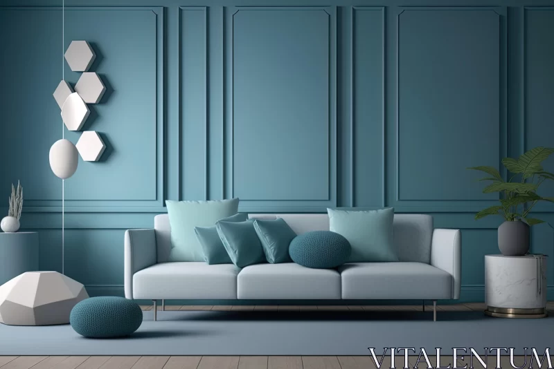AI ART Neutral Interior Living Room with White Sofa - Dark Teal and Light Azure Style