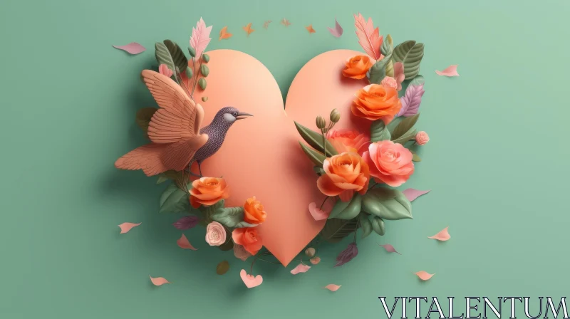 AI ART Pink Heart-Shaped Frame with Orange Roses and Bird - 3D Illustration