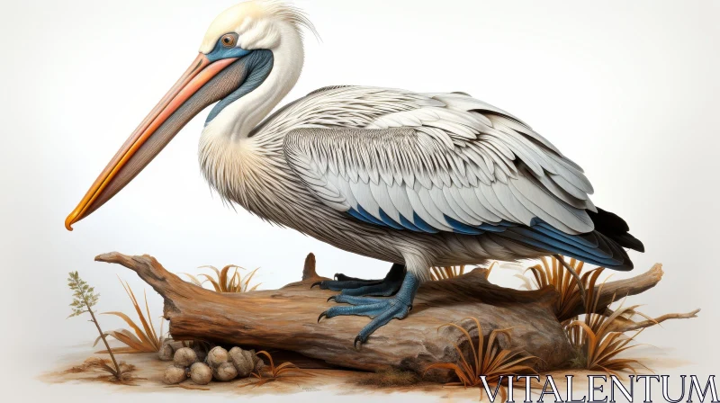 AI ART Realistic Digital Painting of a Pelican Standing on a Log