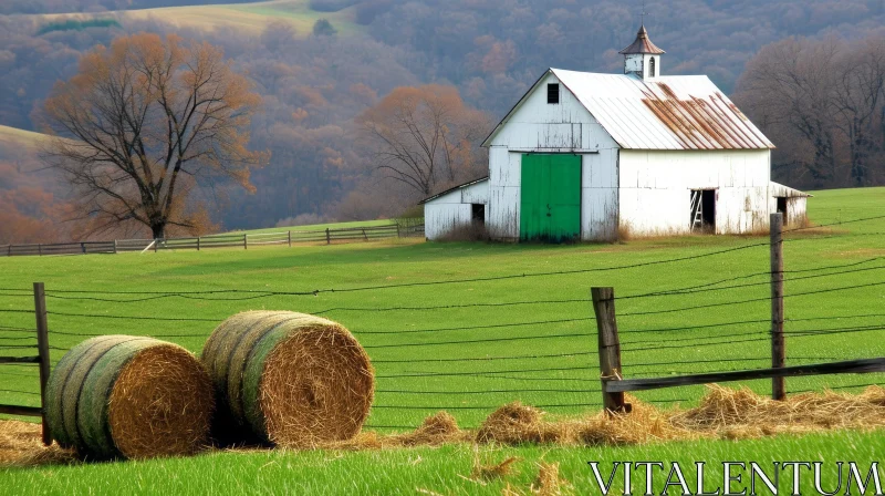 Serene White Barn in a Picturesque Rural Landscape AI Image